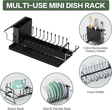 Dish Drying Rack - Aufworld Expandable Small Sink Dish Rack with Silicone Drying Tray, Over Sink Dish Drainer for Kitchen Counter with Utensil Holder, Drain Rack Fit for 14’’-19’’ Kitchen Sink