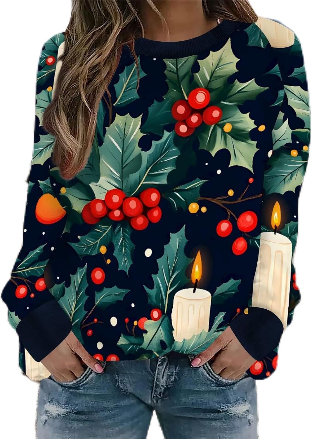 Neyaolk Womens Christmas Floral Sweatshirts Funny Graphic Crewneck Pullover Tops Casual Loose Long Sleeve Tops Xmas Shirts