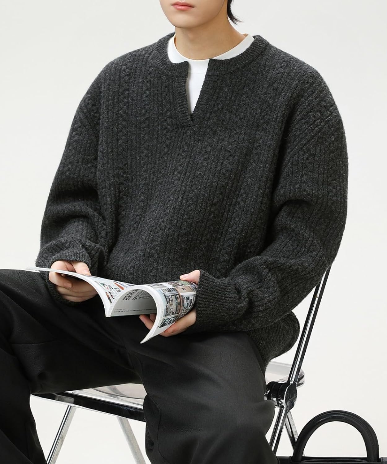 POHADON Cable Knit Sweater for Men Women Fall Winter Vintage Aesthetic Grandpa Grunge V-Neck Pullover Tops Y2k Korean Clothes