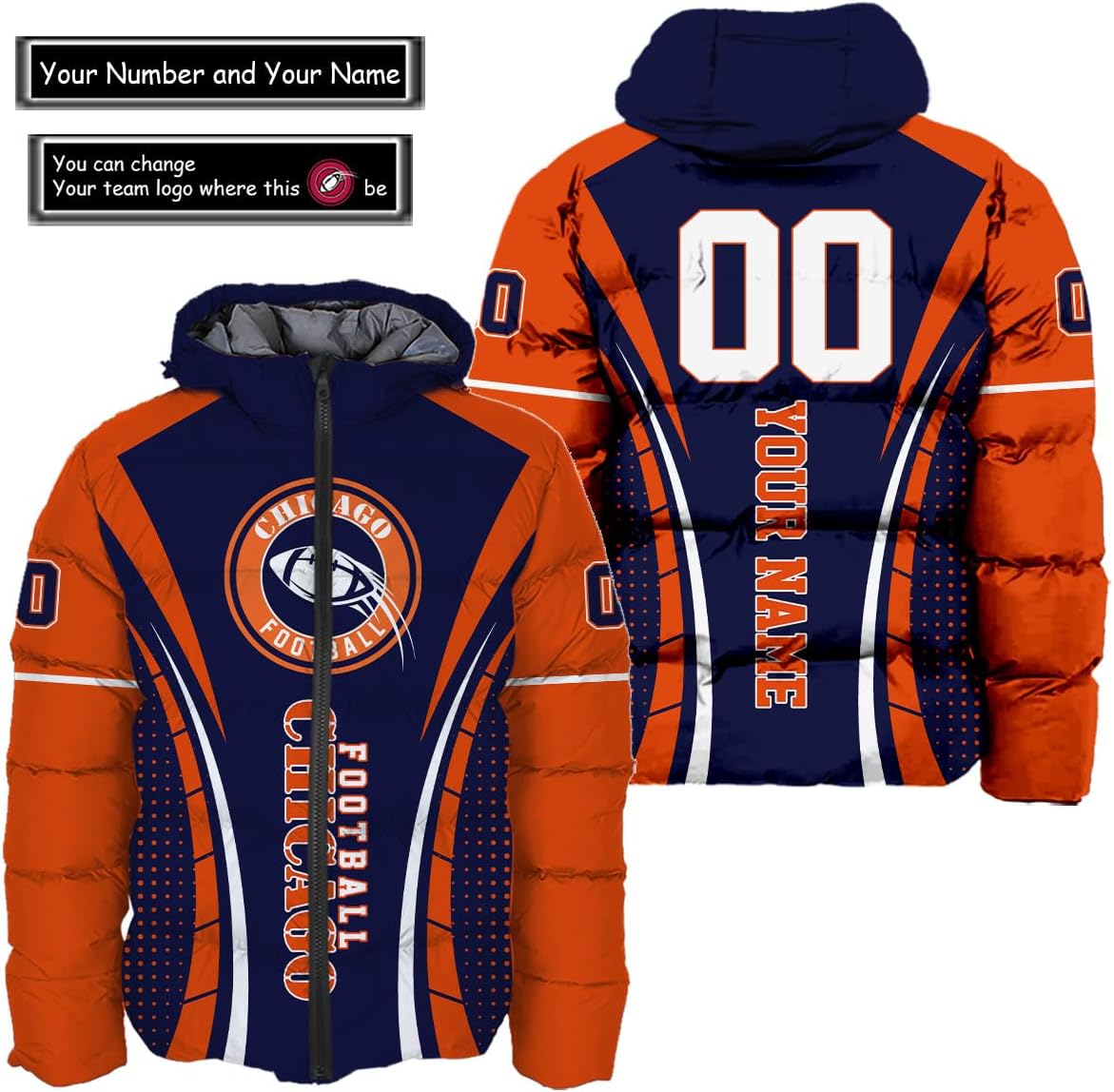 Personalized Chicago Football Team Bears Men's Hooded Puffer Jacket