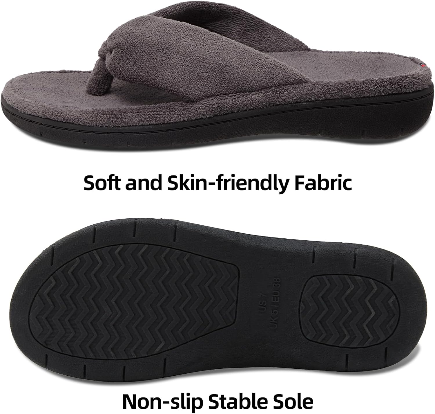 Thong Spa Slippers for Women with Arch Support Flip Flop House Sandal Slippers Soft & Comfortable Coral Velvet Durable Rubber Outsoles for Indoor and Outdoor All Days Wear Black Grey US6-US11 9 Grey image 2 of 7 B0DP458RVC