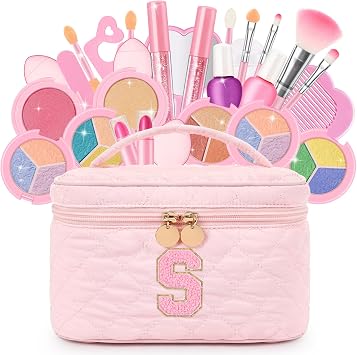 Kids Washable Makeup Set for Girls - 29Pcs Real Non-Toxic Play Make Up Kit Toys with Letter Cosmetic Bag - Dress Up Birthday Gifts for Toddler Age 3 4 5 6 7 8 9 10 Years Old Vanity Set - S