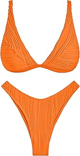 ZAFUL Bikini Sets for Women Triangle Textured Plunging High Cut Cheeky Bikini Swimsuits Two Piece Bathing Suits