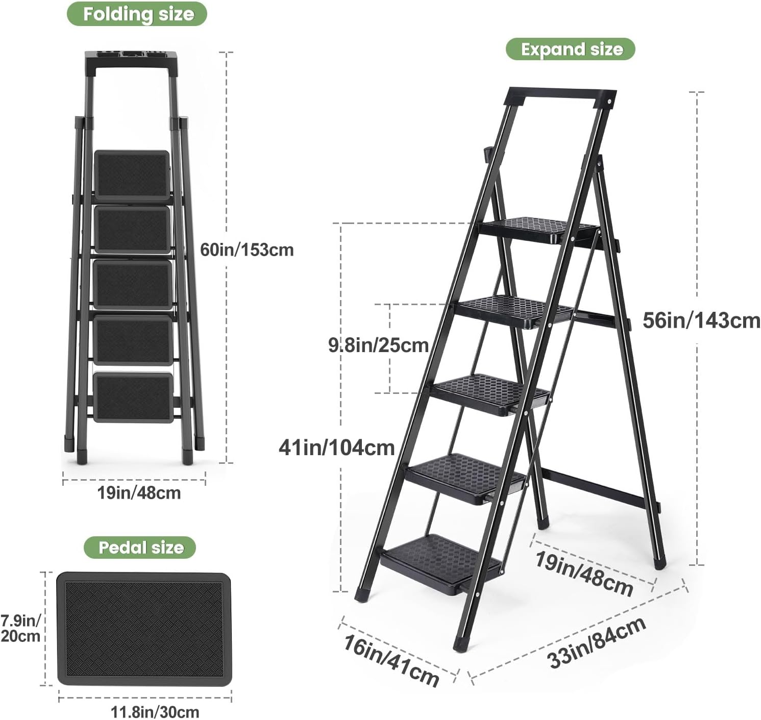 5-Step Folding Ladder with Tool Tray, Pink Steel Frame, Non-Slip Steps, Portable Stepladder for Home (Black)