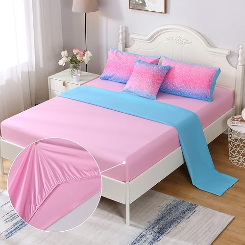 Miniatura 4 de JQinHome Juego de edredón con purpurina tamaño Queen, juego de ropa de cama de 6 piezas en una bolsa, colorido en 3D, rosa y azul, para niñas y