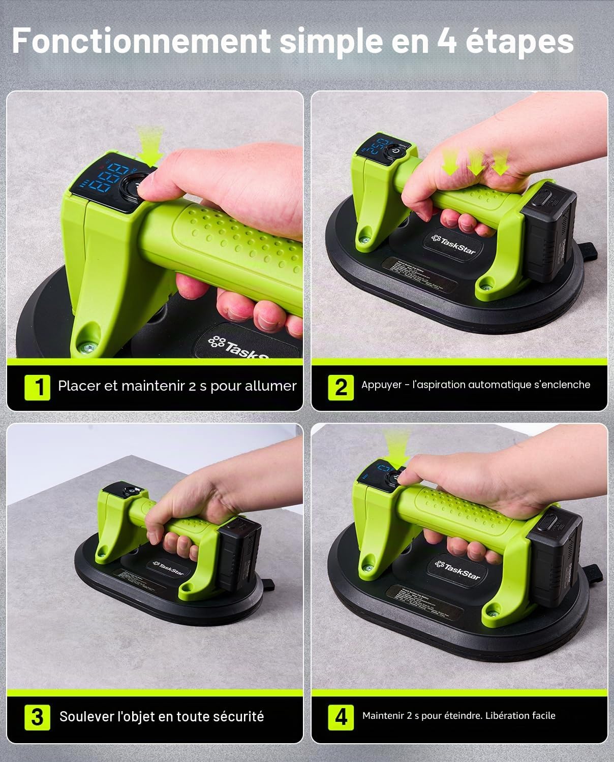 Taskstar Ventouse Carrelage Électrique: Ventouse Vitre sans Fil 25cm avec Capacité de Charge Verticale de 250 kg, Affichage LCD, 4X Batteries 3000mAh,Ventouse Pare Brise pour Verre, Carrelage, Granit