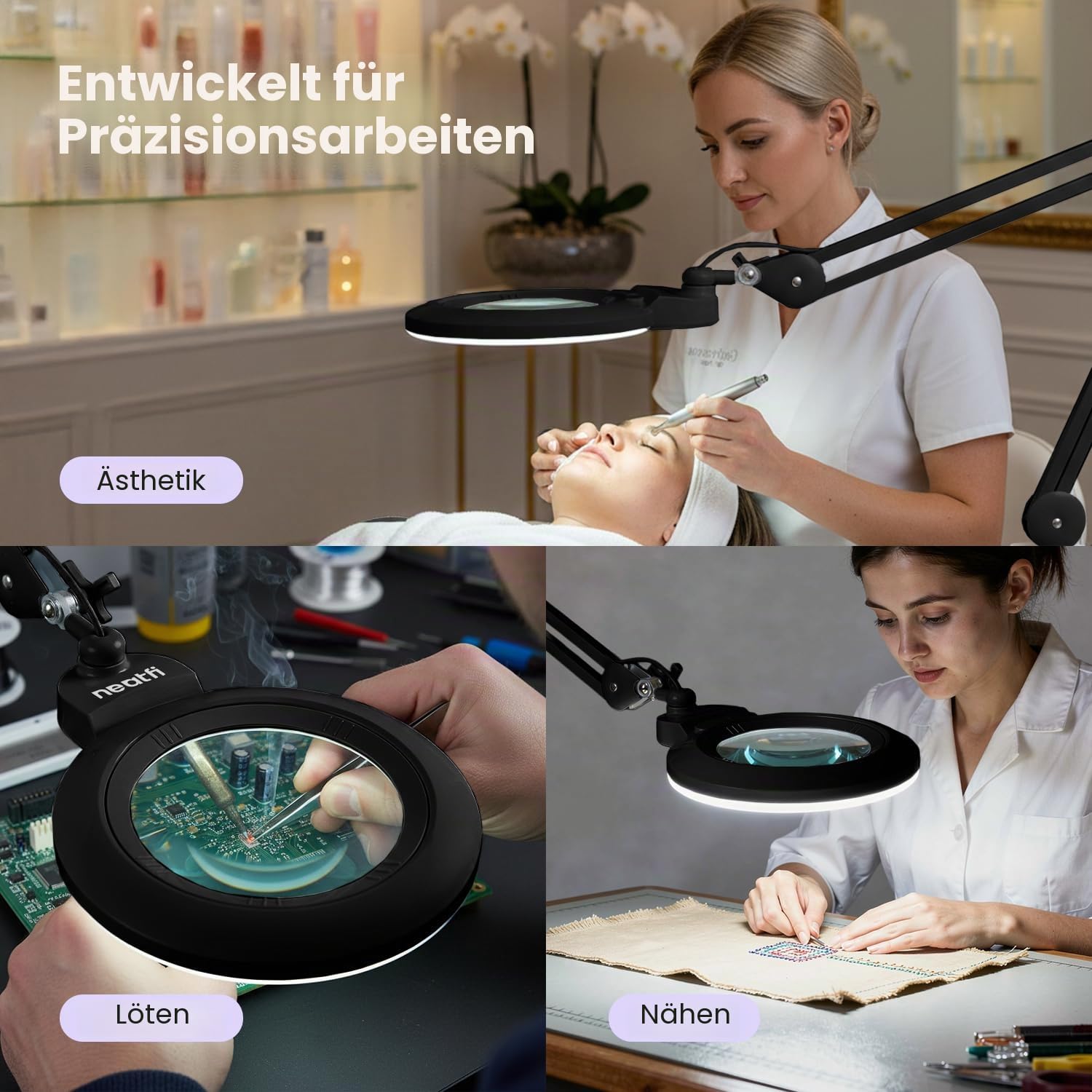 Neatfi XL Bifokale LED-Lupenleuchte, 2,25-fache/6-fache Vergrößerung, 1.600 Lumen dimmbar | freihändiges Arbeiten im Nahbereich | Für Basteln, Schmuckarbeiten & Lesen (Schwarz, 18 cm Linse)