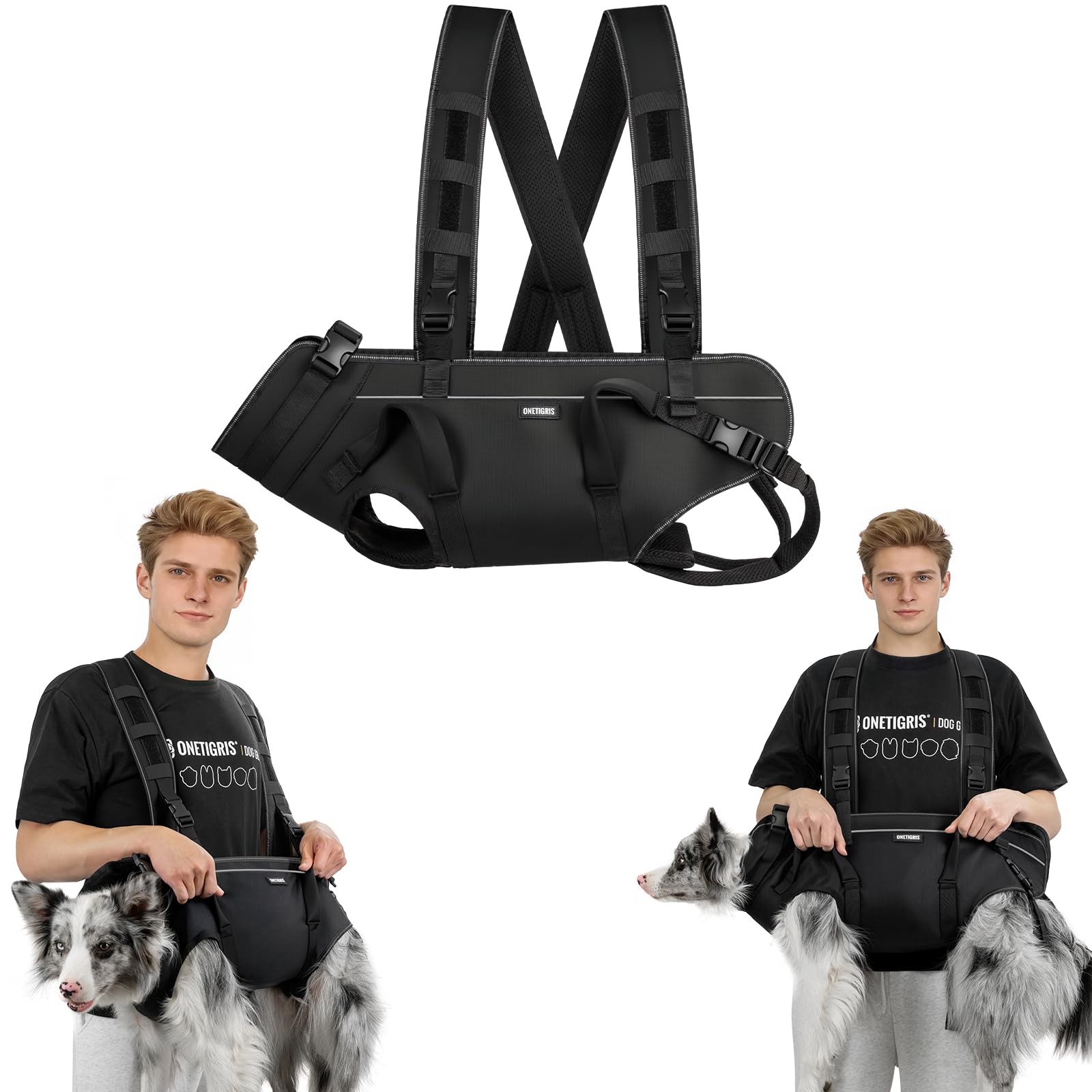 OneTigris Dog Carry Harness, SUPPORT RIDGE Outdoor Lifts Vest, Adjustable Dog Sling with Reinforced handles, Cross Strap Design for Hiking, Emergencies, Senior Dogs (Black, L)
