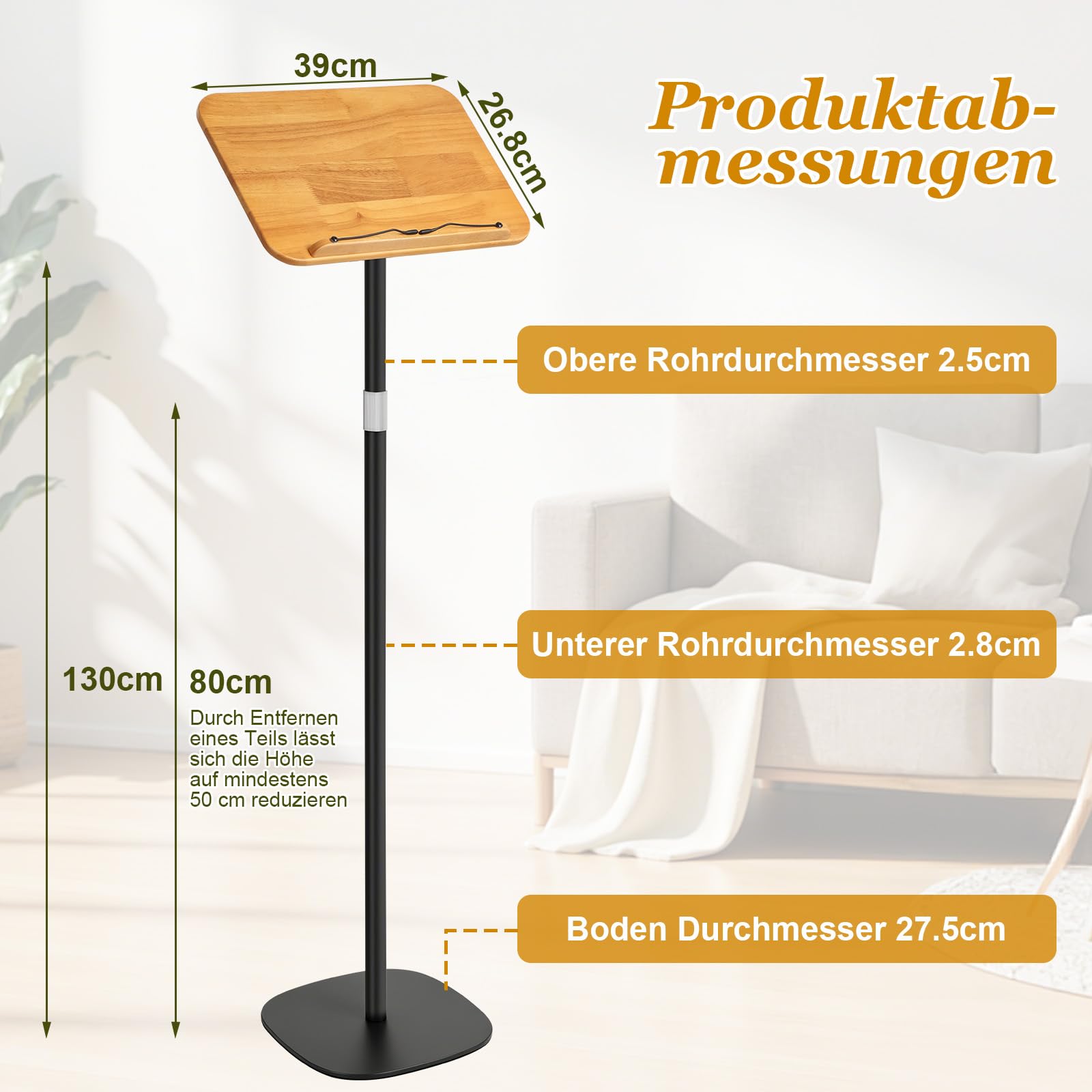 Buchständer Höhenverstellbar 50-130cm Boden Tisch Notenständer Buchhalter | 2 in 1 Verstellbarer Holz Leseständer mit Seitenclip 180°-Neigung für Musiknoten, Rezepte, Tablet, Laptop, Kochbuch