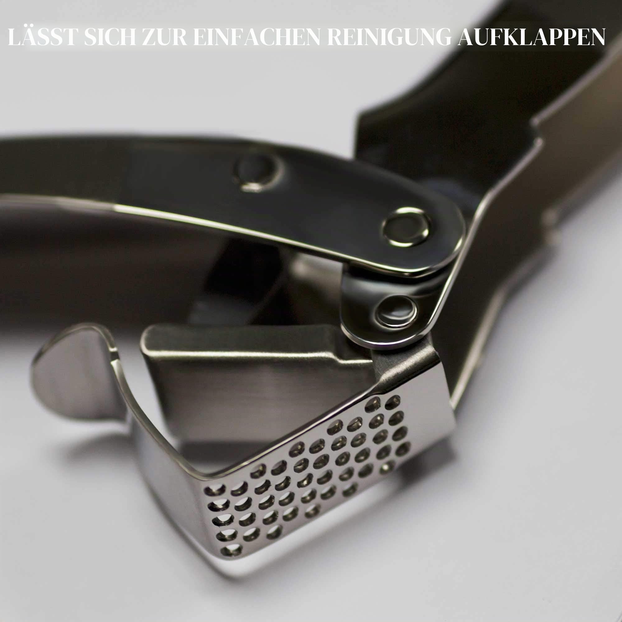 MANNKITCHEN Edelstahl Knoblauchpresse, Doppelhebel, Großes Reservoir | Robust, Professionelle Qualität, Leicht zu Reinigen, Rostfrei, Großer Behälter für Weniger Nachfüllen.