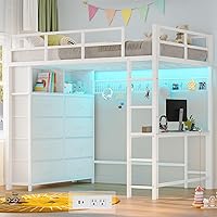 ADORNEVE Twin Loft Bed with Desk, 8 Storage Drawers, LED Lights & Charging Station - Metal Kids Bed, 13.1" Guardrail, White