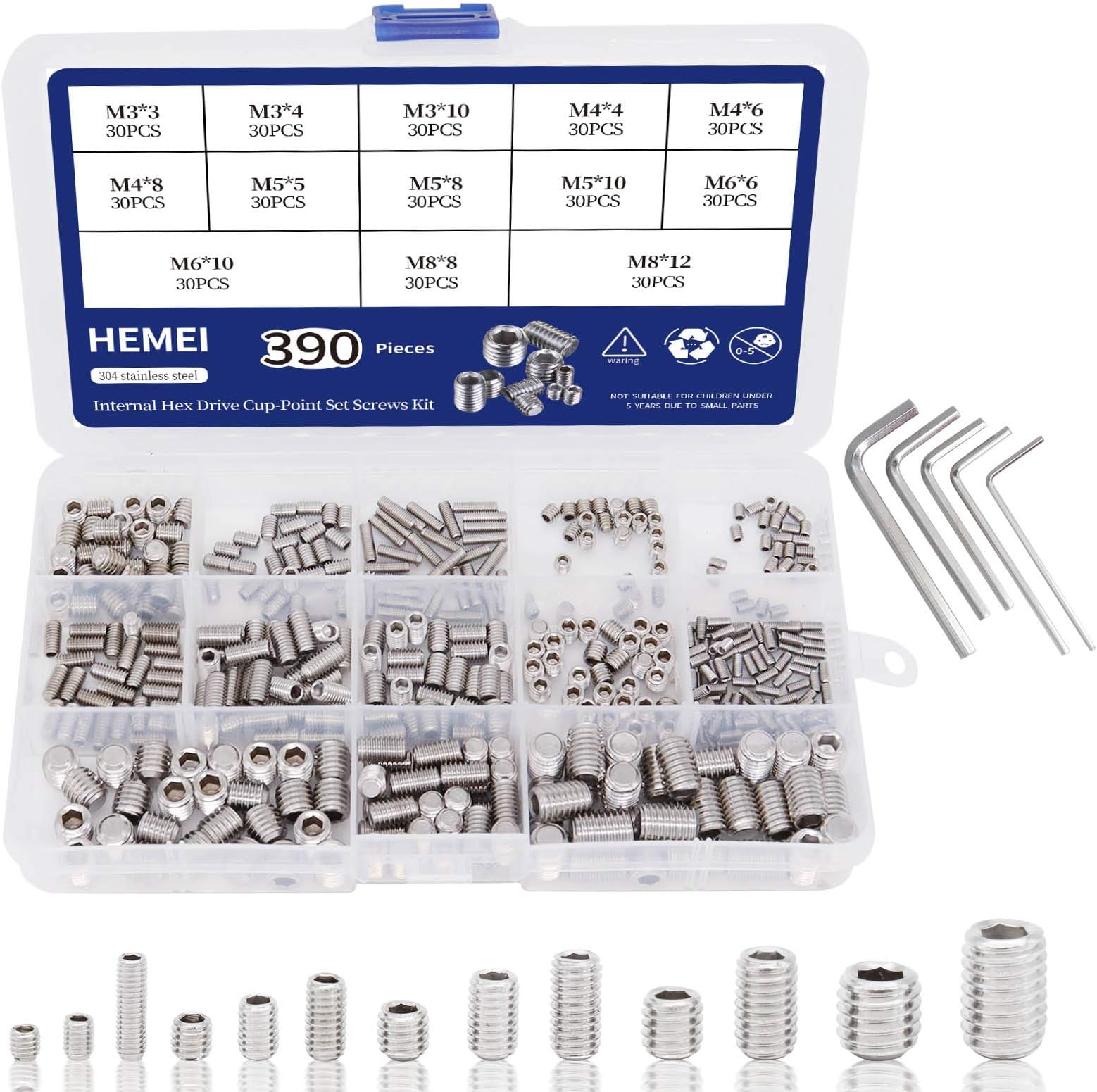 HEMEI 390Pcs M3/M4/M5/M6/M8 Hex Allen Head Socket Set Screw Assortment Kit Internal Hex Drive Flat Point 304 Stainless Steel Metric Grub Screw with 5pcs Hex Wrenches