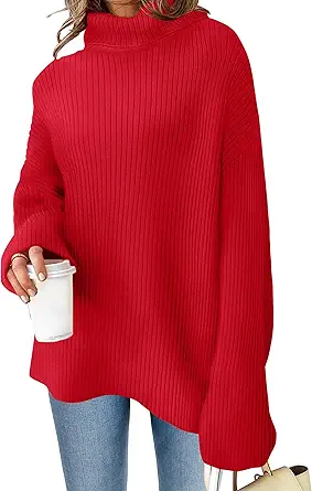 ZESICA Women's 2023 Winter Sweaters High Neck Long Sleeve Chunky Knit Oversized Side Slit Pullover Sweater Jumper Tops