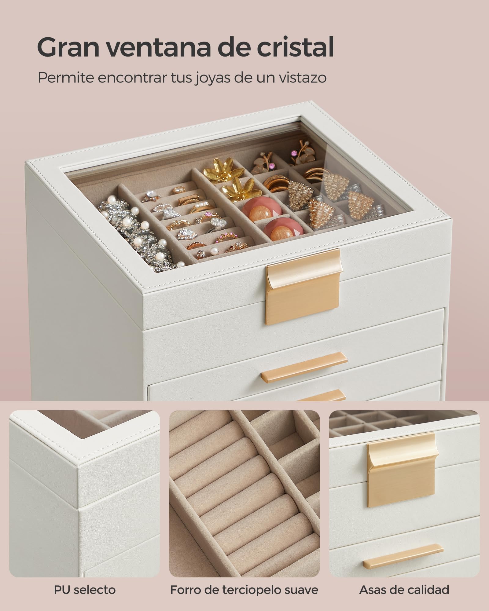 SONGMICS GISELLA Caja de Joyas 6 Niveles 5 Cajones 20,3x23,1x22,8 cm Blanco Nube y Dorado