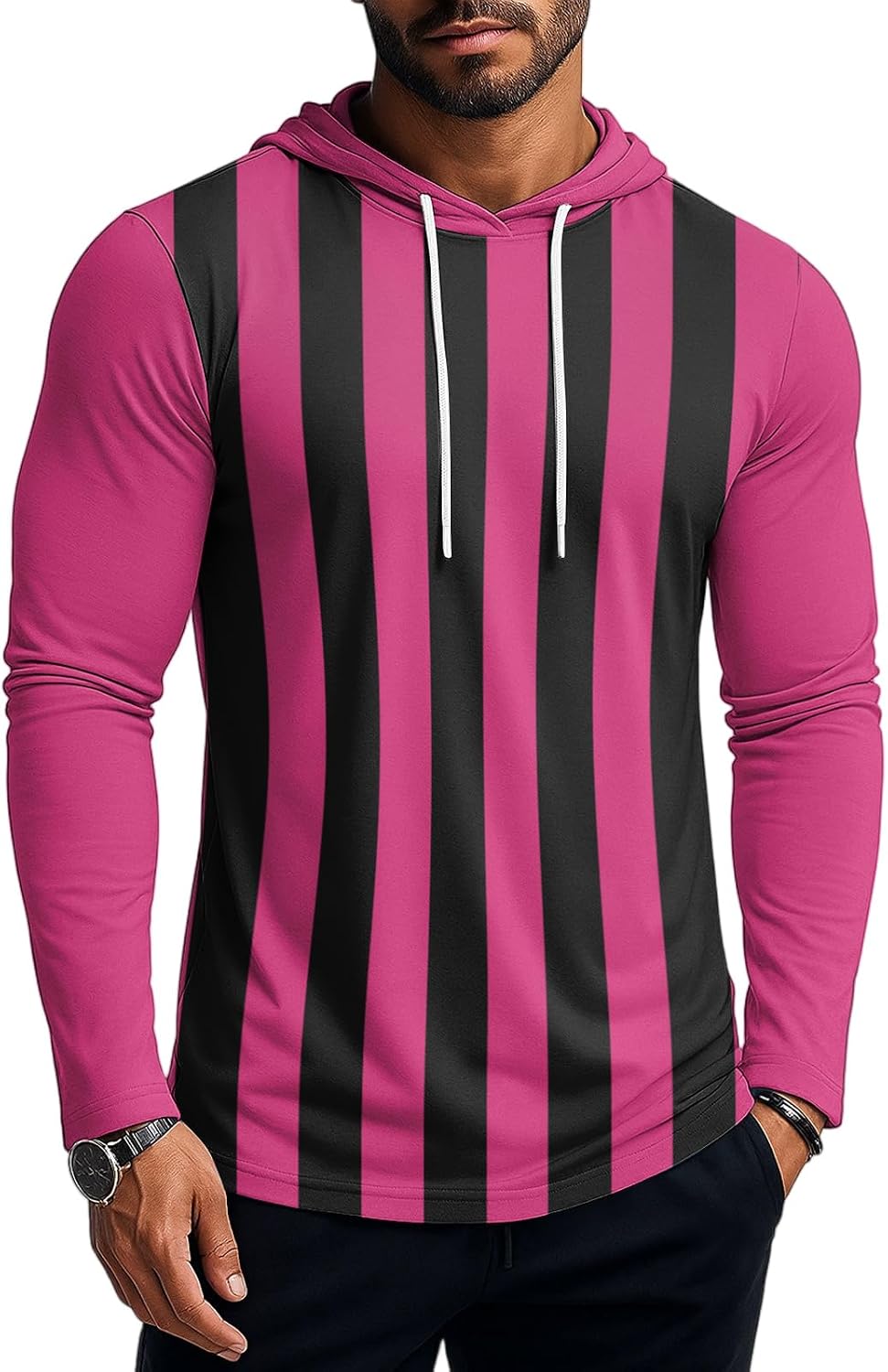 Ymosrh Men's Casual Hoodie Shirt Long Sleeve Striped Athletic Workout Running Gym Tee Shirts, M-3XL