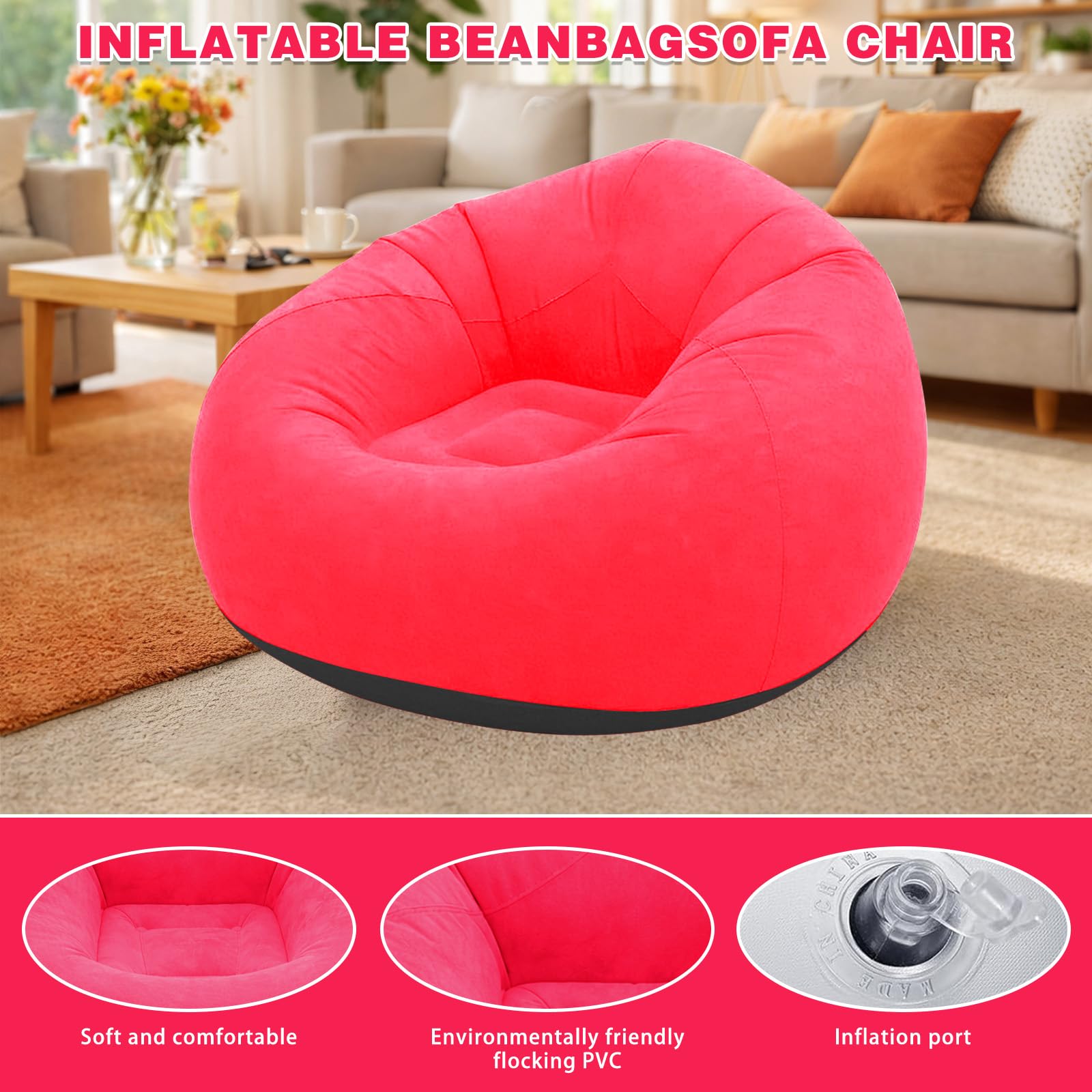 Pouf gonfiabile, 103 x 60 cm, divano gonfiabile, per esterni, per interni, soggiorno, camera da letto, super morbido, poltrona relax (rosso)
