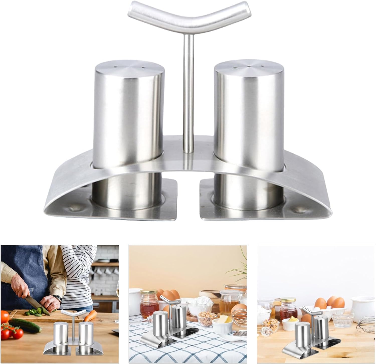 Stainless Steels Salts Peppers Shaker Set Cooking Seasoning Bottle with Base Stand for Cooking Kitchen Condiment Box Peppers Bottle Holder Kitchen Tool