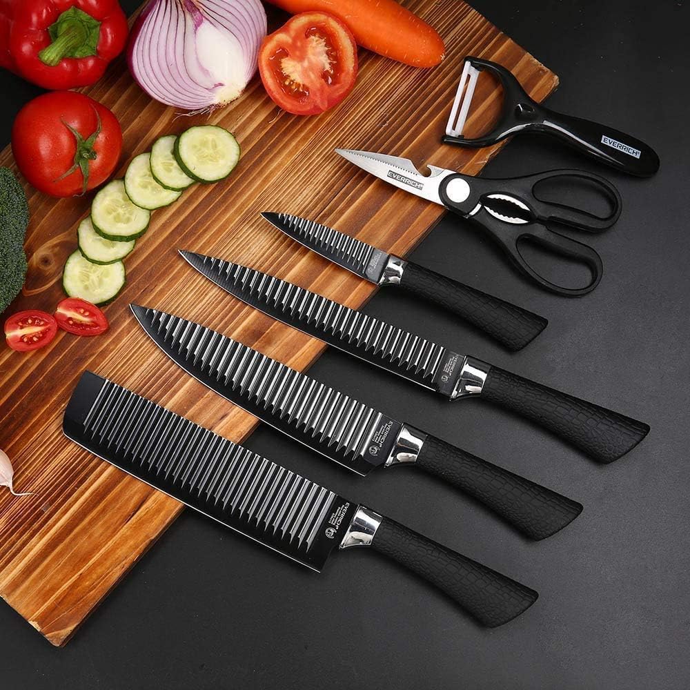KROYWEN Stainless Steel 6 Pieces Professional Kitchen Knife Set, Meat Knife, Chef'S Knife With Non-Slip Handle For Home Kitchen And Restaurant With Chef Peeler And Scissor, Black
