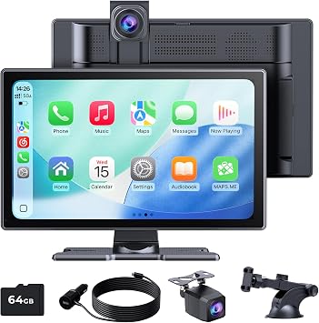 Carplay Screen for Apple Carplay & Android Auto, 9" HD IPS Wireless Touch Car Play Screen for Car, 4K Dash Cam, 1080p Backup Camera, Voice Control, Navigation, Mirror Link, Bluetooth, FM