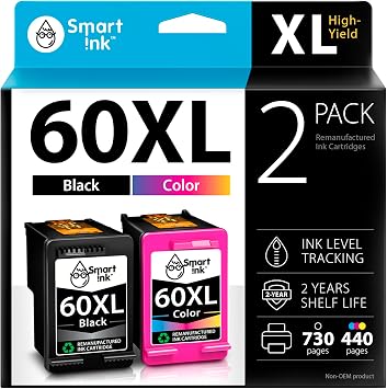 Smart Ink Remanufactured Ink Cartridge Replacement for HP 60 XL HP60XL Black and Color Combo Pack for Photosmart C4680 C4795 C4780 D110a DeskJet F2430 F2480 F4280 F4480 F4400 F4440 F4580 Envy 120