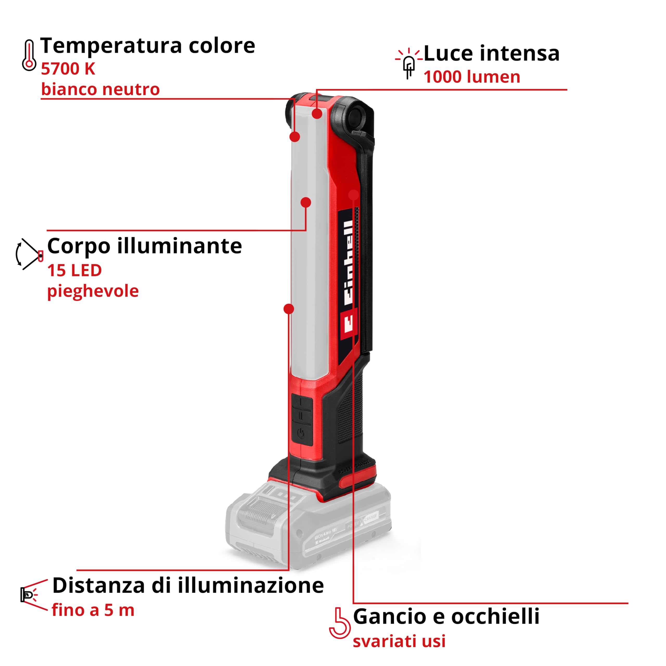 Lampada Einhell TE-CL 18/1000 S Li-Solo Power X-Change (18 V, testata orientabile, 3 opzioni luce, pannelli luminosi pieghevoli, 15 LED, 1000 Lumen, 5700 Kelvin, senza batteria)