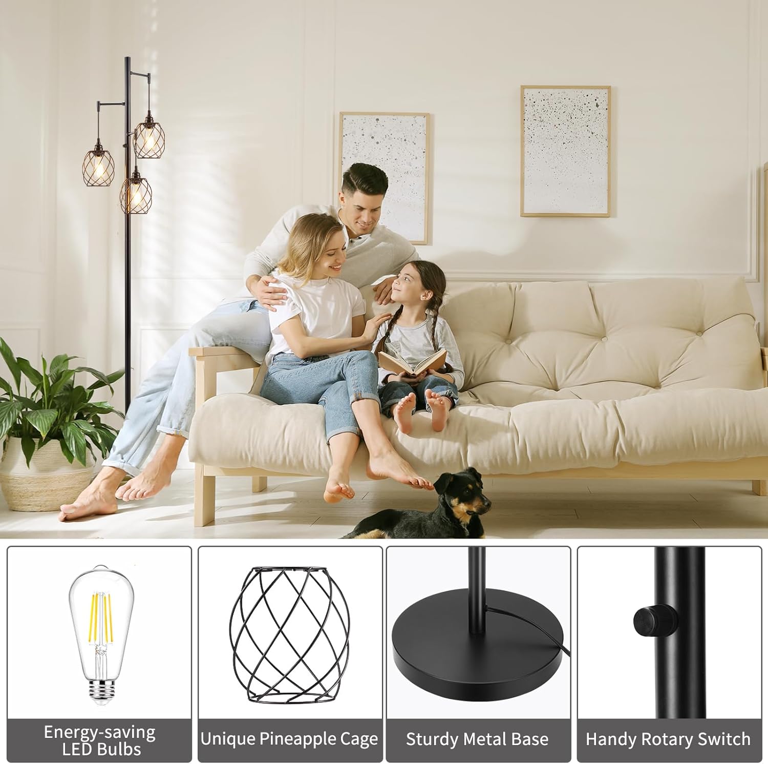 Sucolite 70" Dimmable Floor Lamp for Living Room, Industrial 3-Light Tree Floor Lamp Black with Cages, Farmhouse Rustic Tall Standing Lamp Floor Lighting for Bedroom Office, LED Edison Bulbs