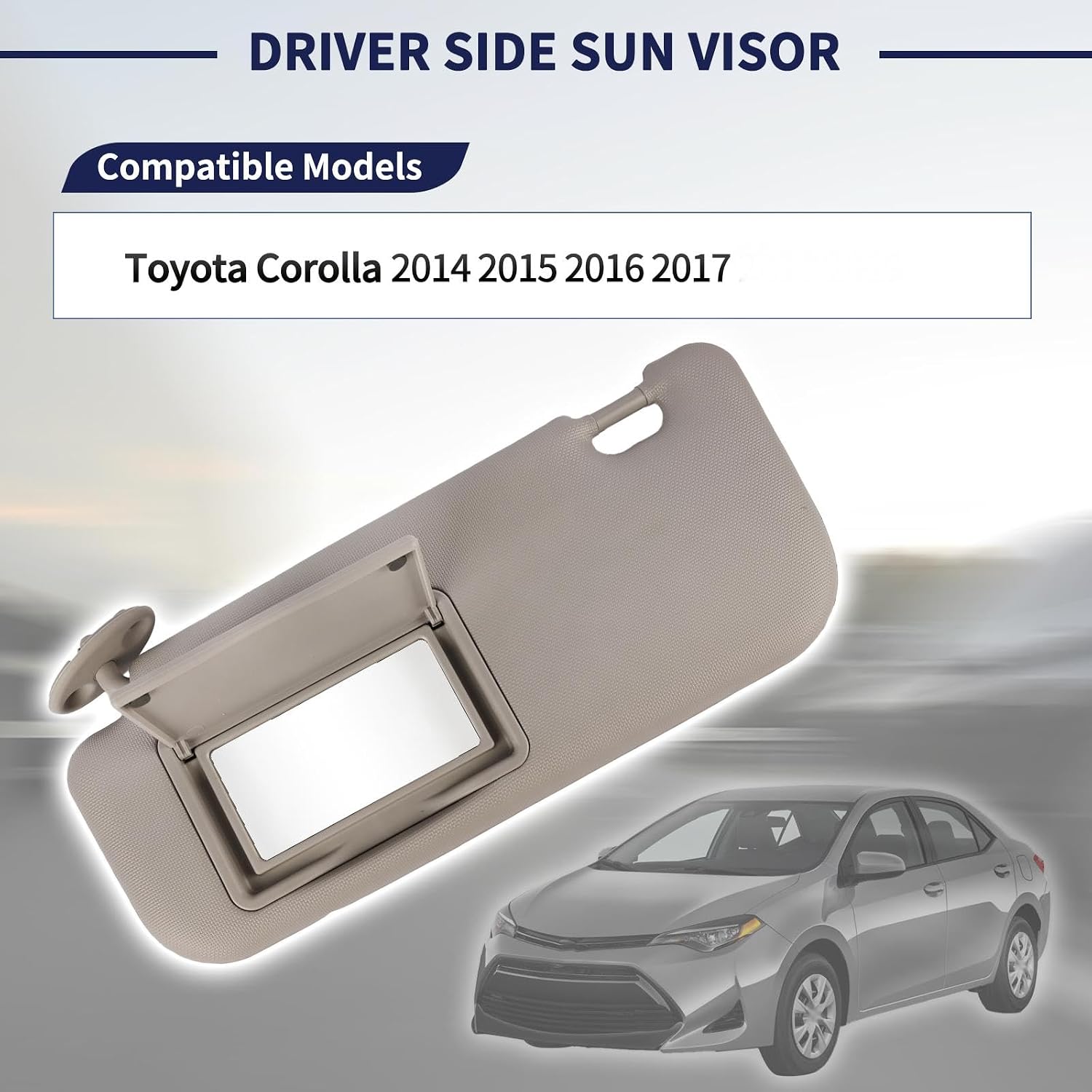 Driver Side Sun Visor Fit for Toyota Corolla 2014 2015 2016 2017 Replace 74320-02B50-B0 Front Left | Sun Protection Shade | Makeup Mirror | Gray