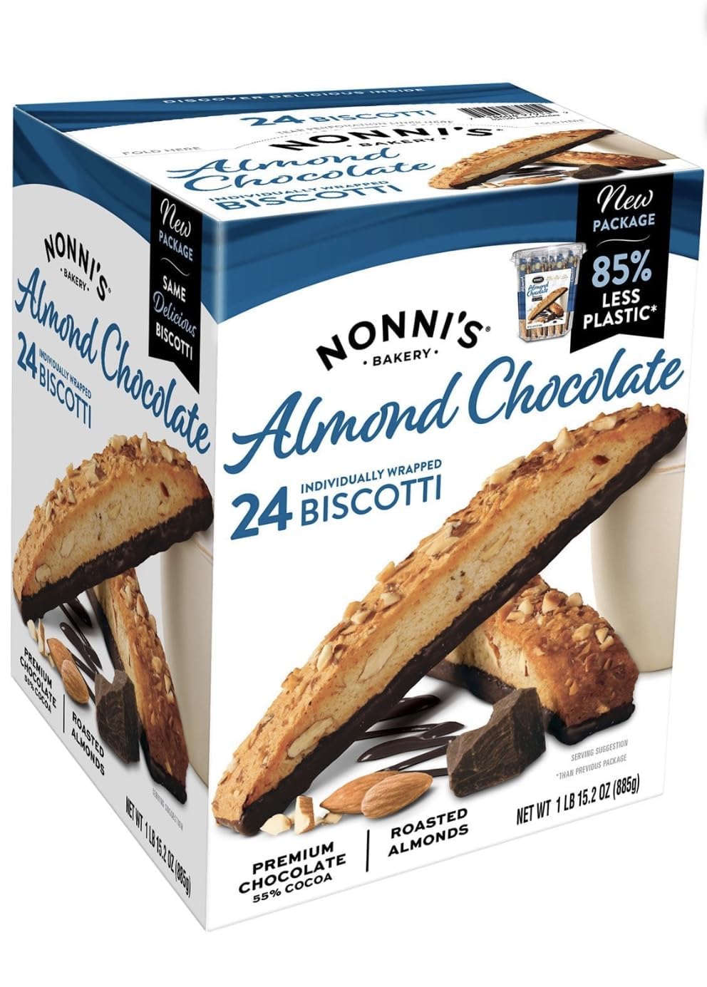 Nonnis Almond Chocolate Biscotti, 24 Count – Individually Wrapped Italian Cookies, Real Almonds & Rich Dark Chocolate, Crunchy Gourmet Biscotti Snack