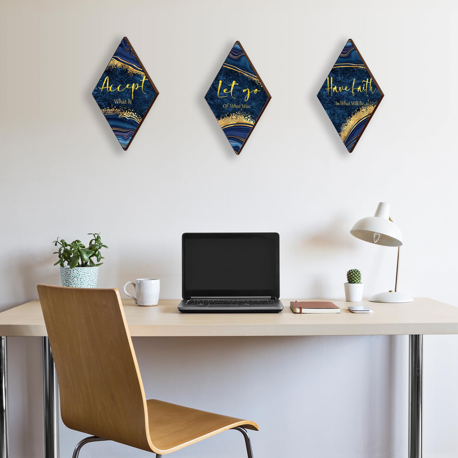 3 piezas de decoración de baño azul y dorado, decoración de pared dorada con cita de Accept Let Go Have Faith rústica vintage para mujer, hogar, lavandería, sala de estar, dormitorio (12 x 7) 2