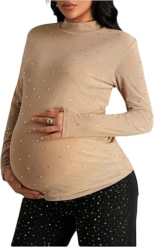 MakeMeChic Women's Maternity Tee Shirt Glitter Rhinestone Mock Neck Long Sleeve 