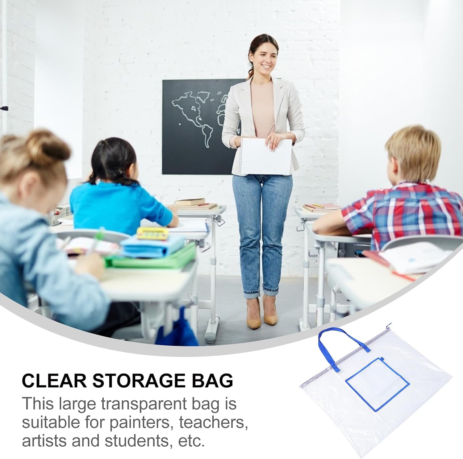 Zerodeko Portable Art Portfolio Bag and Poster Storage Organizer for Teachers, Blue Large Zippered Tote with Handle for Bulletin Boards, Triangles, and Protractor Storage