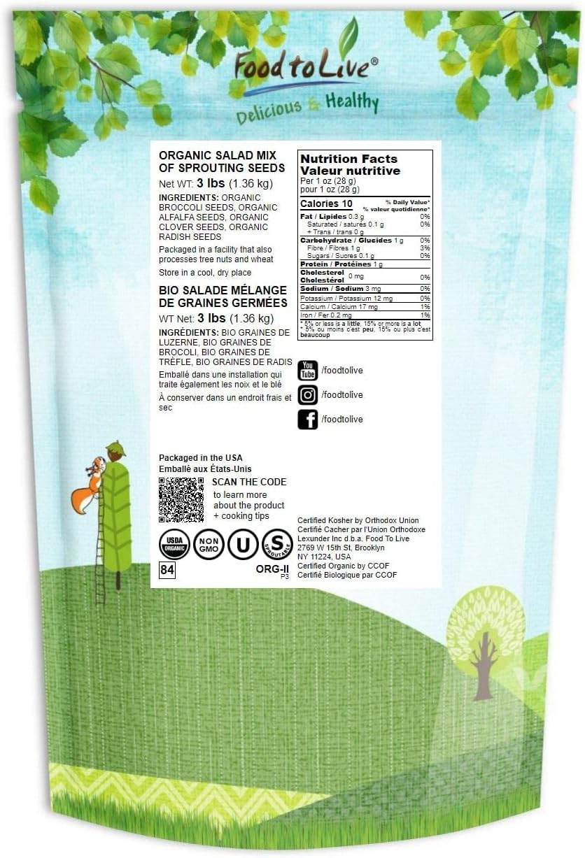 Food to Live Organic Salad Mix of Sprouting Seeds, 3 Pounds — Non-GMO Broccoli, Radish, Clover, Alfalfa. Rich Germination Rate, Non-Irradiated, Kosher, Vegan Superfood, Bulk, Rich in Sulforaphane