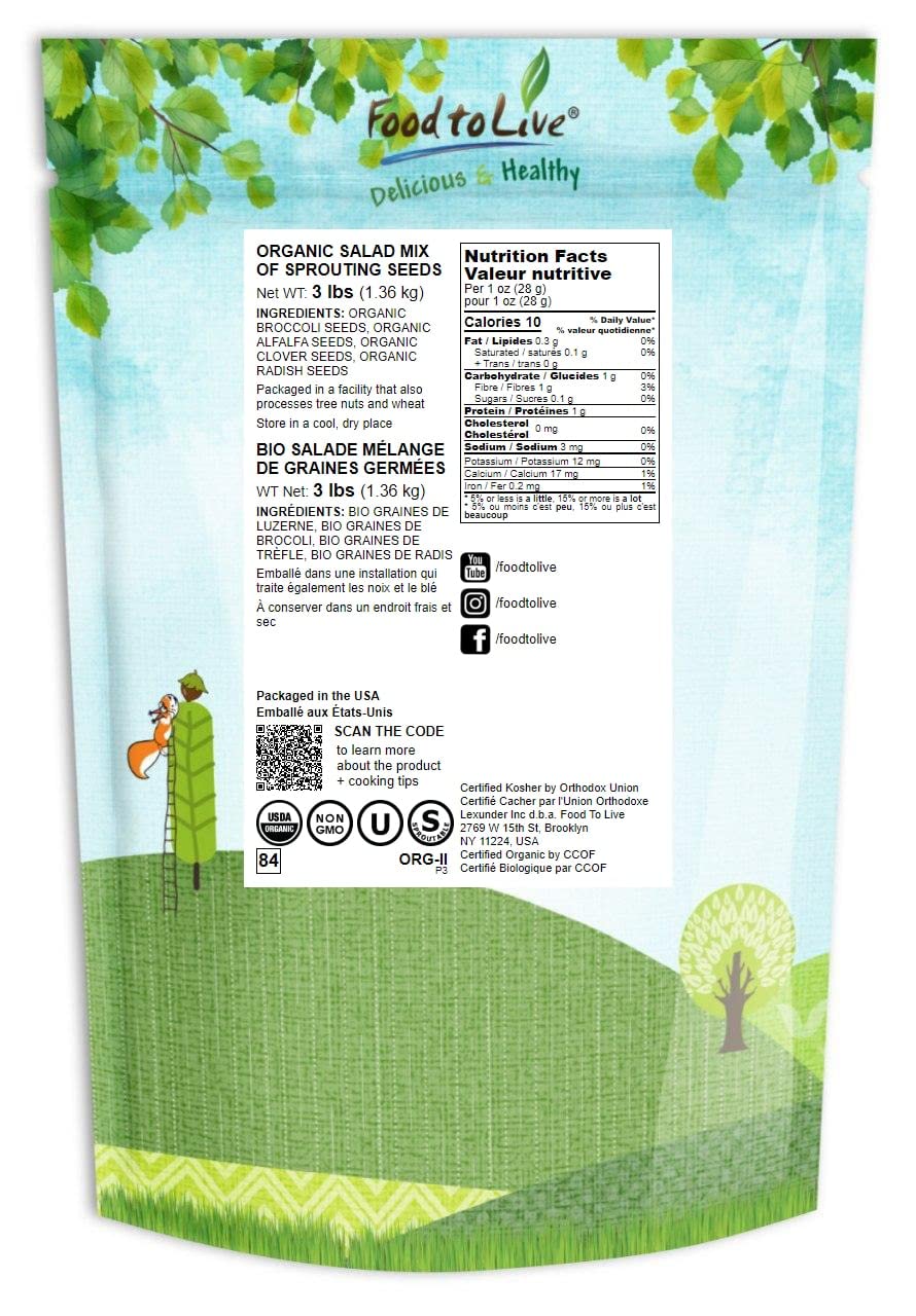 Bio Mélange à salade de graines à germer, 3 Livres - Brocoli Bio, Trèfle Bio, Radis Bio, Luzerne Bio, sans OGM, casher, en vrac