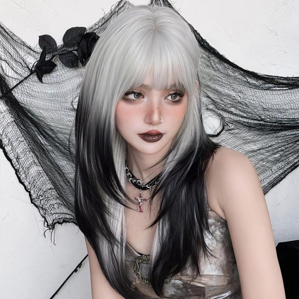 Haarpflege Lange Gerade Geschichtete Schwarze Ombre weiße Perücke Für Frauen Bescheiden Zu Tragen Und Zu Tragen Mit Pony