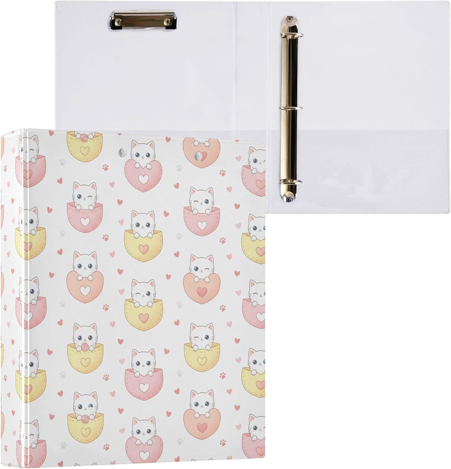 Cute Valentine's Day Cat 3 Ring Binders, 1.5” Round Ring Binders with Clipboard - Letter Size, 3 Interior PVC Clear Pockets & Anti-Slip Clip for Office School Supplies, 2PCS
