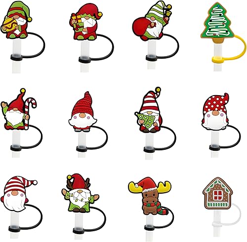 12 fundas para popote de Navidad, fundas reutilizables de silicona para popotes, bonitas tapas para popotes de 0.315 a 0.315 pulgadas, accesorios