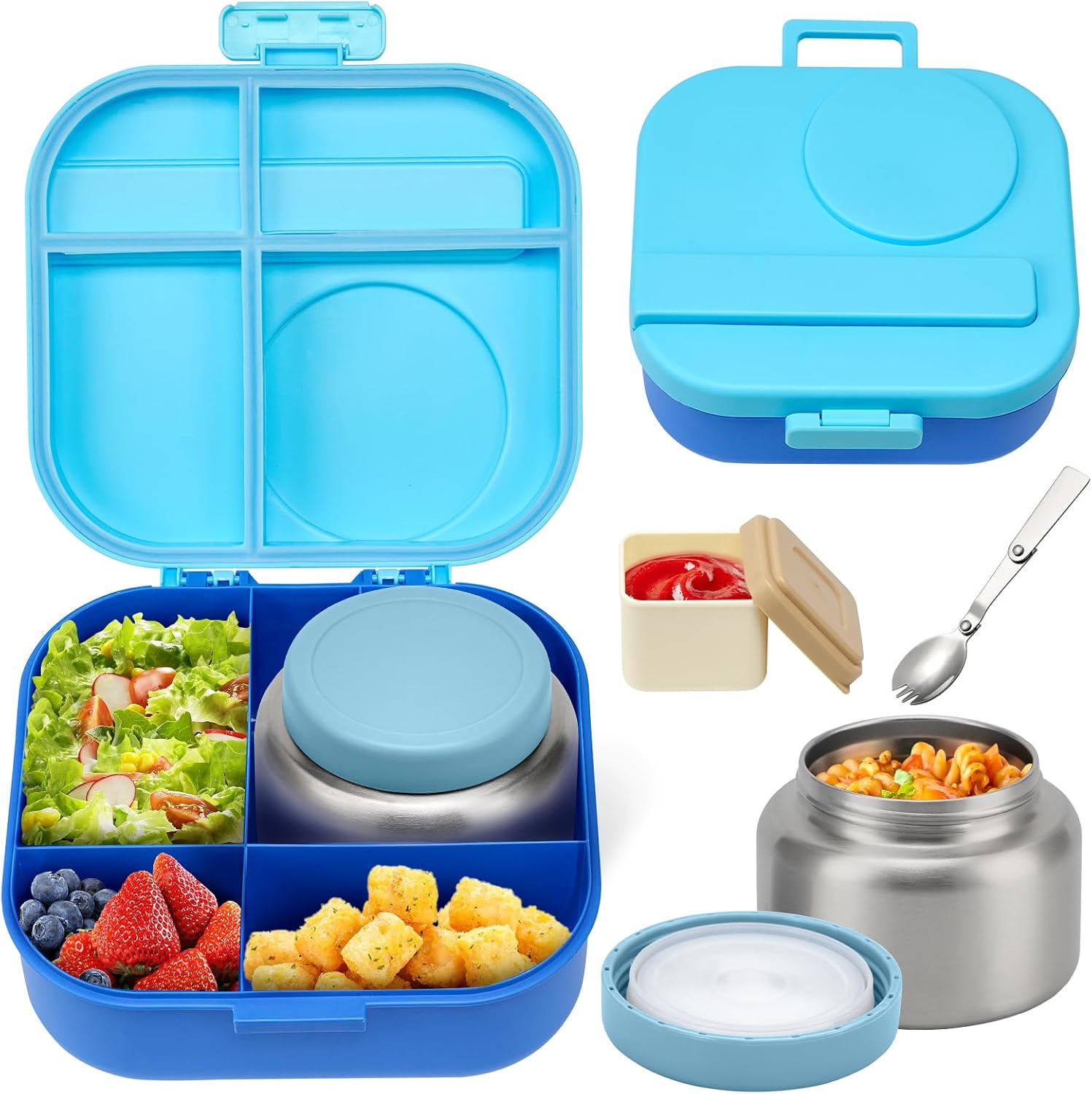 BOSEDSANG Bento Lunch Box with 12oz Soup Thermo,4 Compartments Lunch Box Containers, Spoon&Sauce Jar, BPA Free&Leak proof,Insulated Food Jar for Travel(Pink)