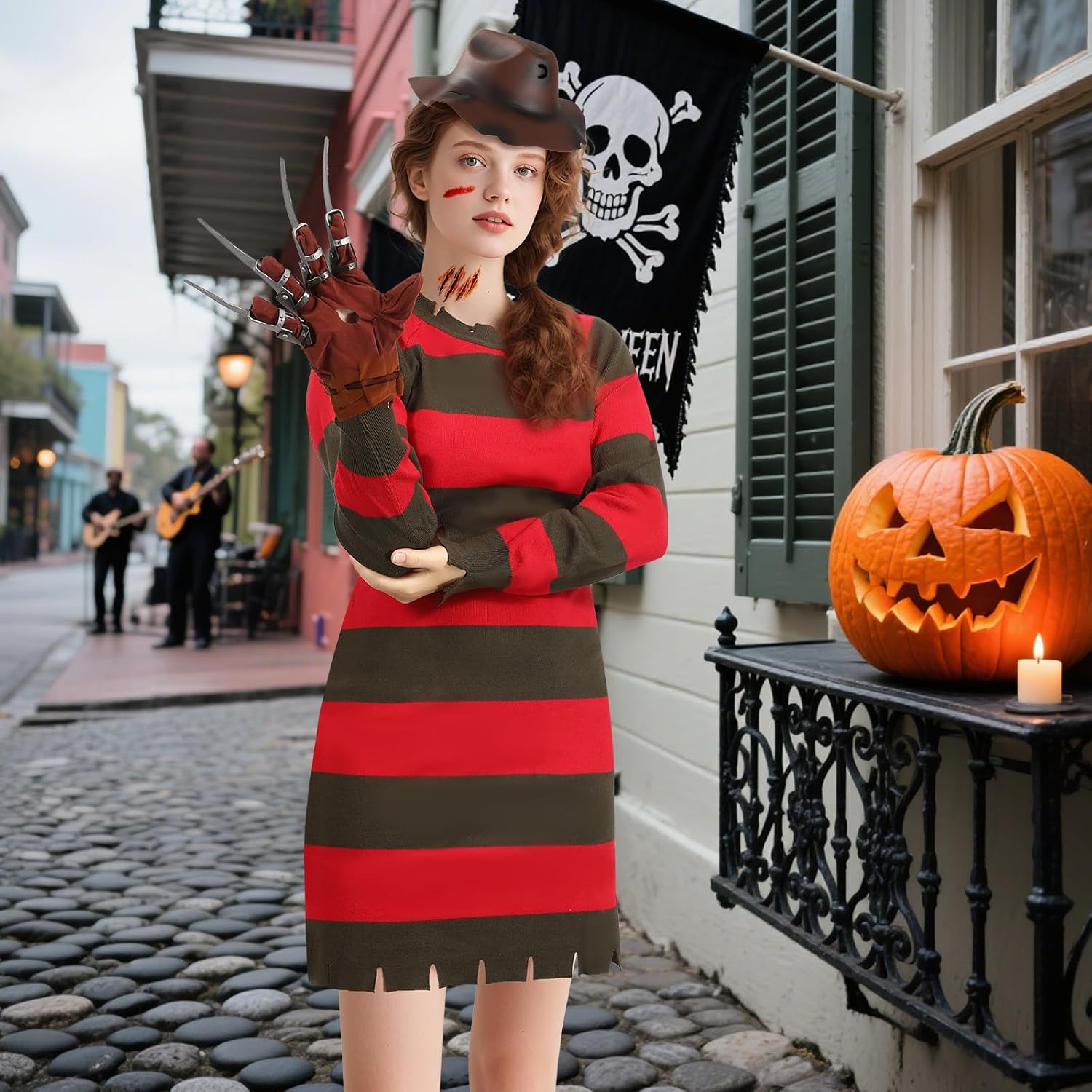 6PCS Scary Halloween Costume for Women Knitted Sweater Dress Hat Glove Stickers Scary Halloween Cosplay Outfit Adults - Image 5