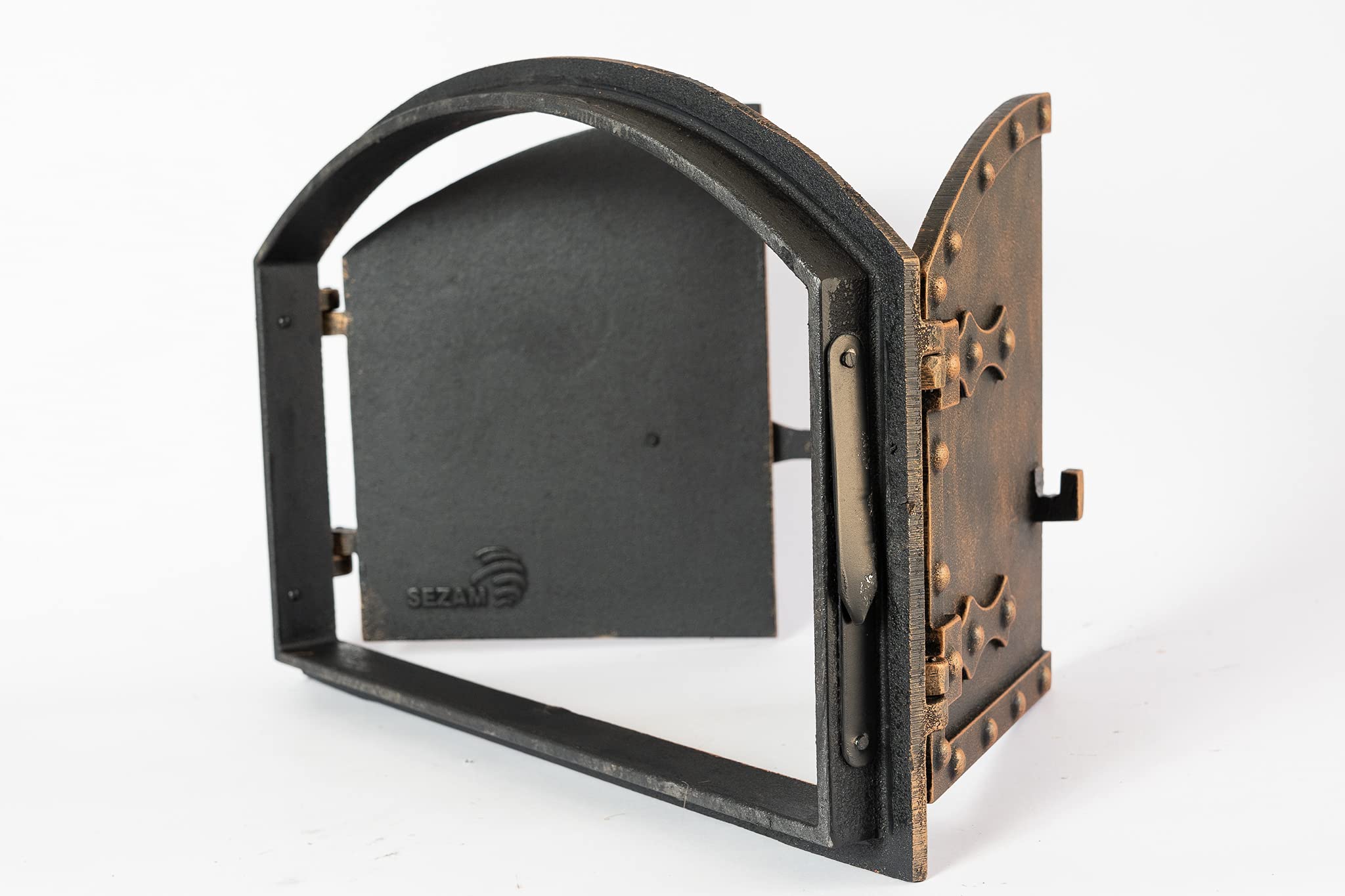 SEZAM Porte de four double en fonte avec loquet de porte, aspect rivet, porte de four à pizza - four à pain - porte de four en pierre, 53,2 x 5,5 x 35,5 cm, le cuivre