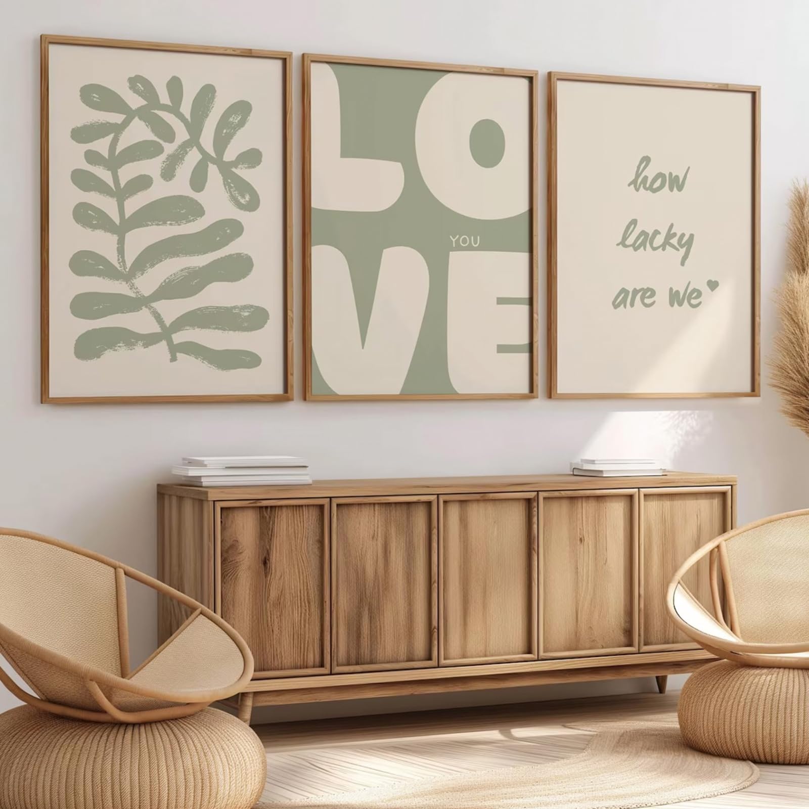 Set of 3 Posters, Stylish Abstract Green Wall Art, Sage Plants and Love Quotes Canvas, for Living Room or Bedroom Wall Art and Decoration, Unframed (50x70cm)