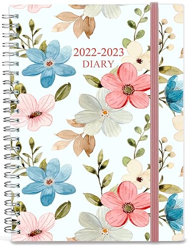 2022-2023 Diary, A5 Weekly Planner with Monthly Tabs, July 2022 to June 2023, Back Pocket, Elastic Closure, Flexible Cover, Twin-Wire Binding, Easy to Organize Your Daily Life, 14.8×21cm, Pink Flower