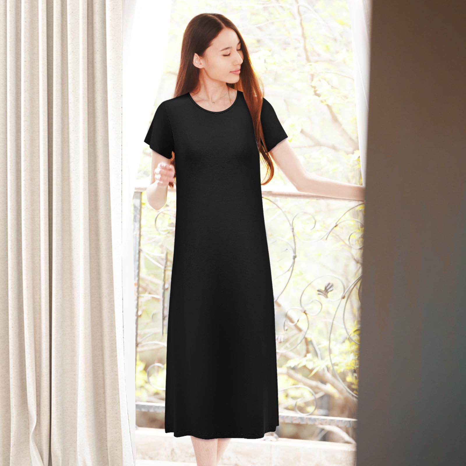 Camisón de Mujer de Manga Corta Negro, Cuello Redondo, Holgado