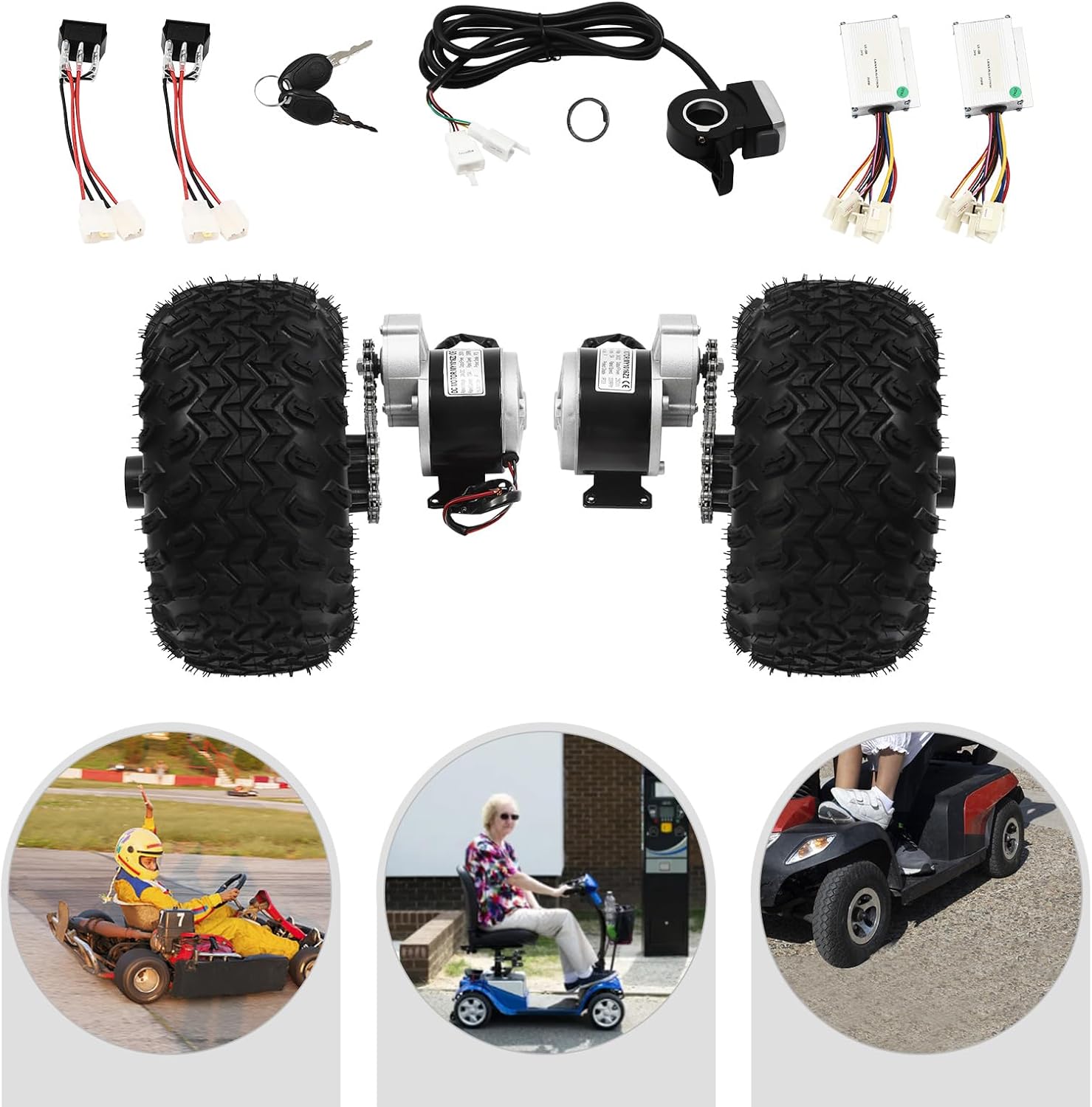 10 Inch Motor Driven Air Wheel Conversion Kit, 24V 250W Electric Cart Scooter Wheel Set Kit, Dual-wheels Set with Thumb Throttle, for Electric Beach Scooters and Go-karts