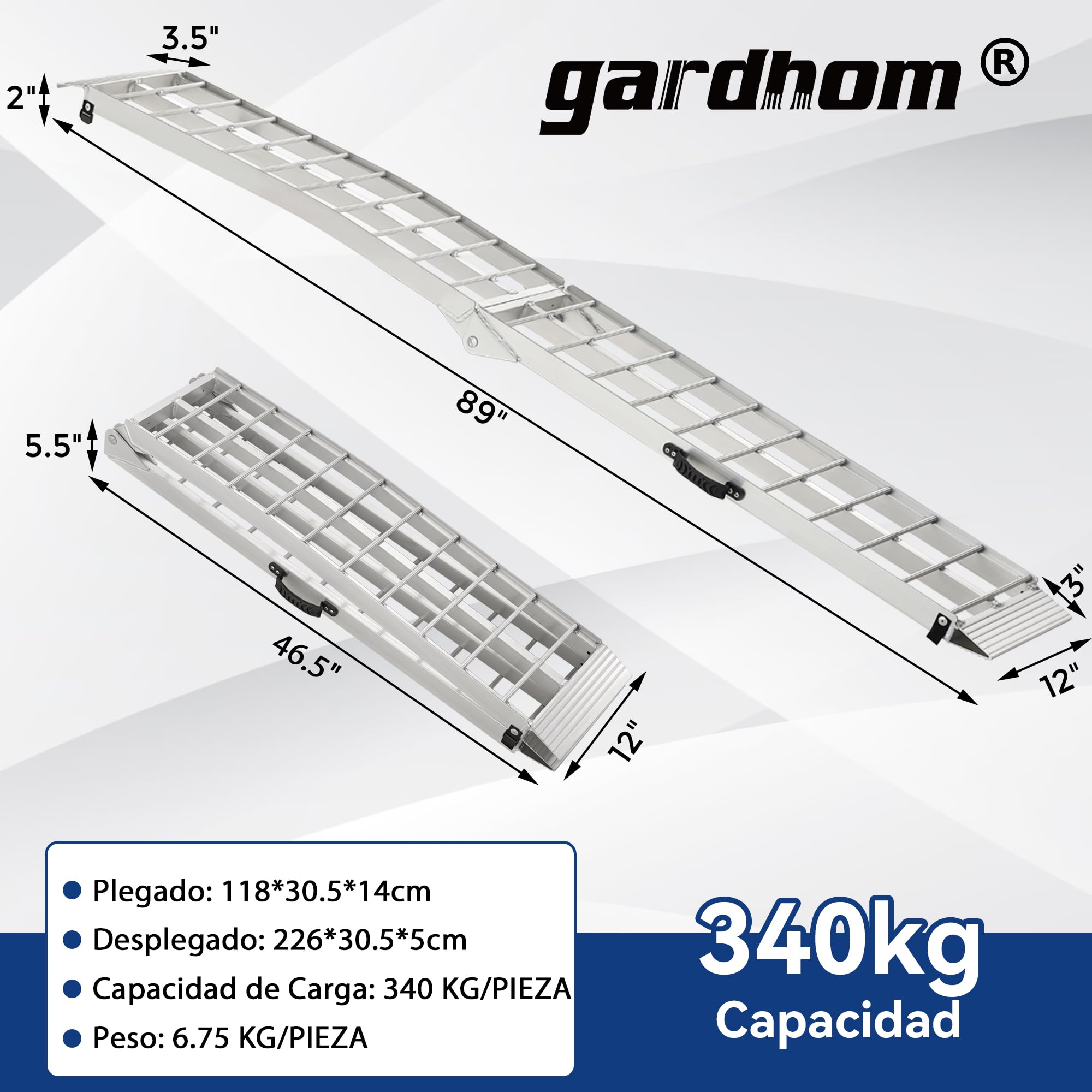 gardhom Rampa plegable para remolque, 340 kg, 226 x 30 x 5 cm, aluminio, rampa de carga para silla de ruedas, bicicleta y coche