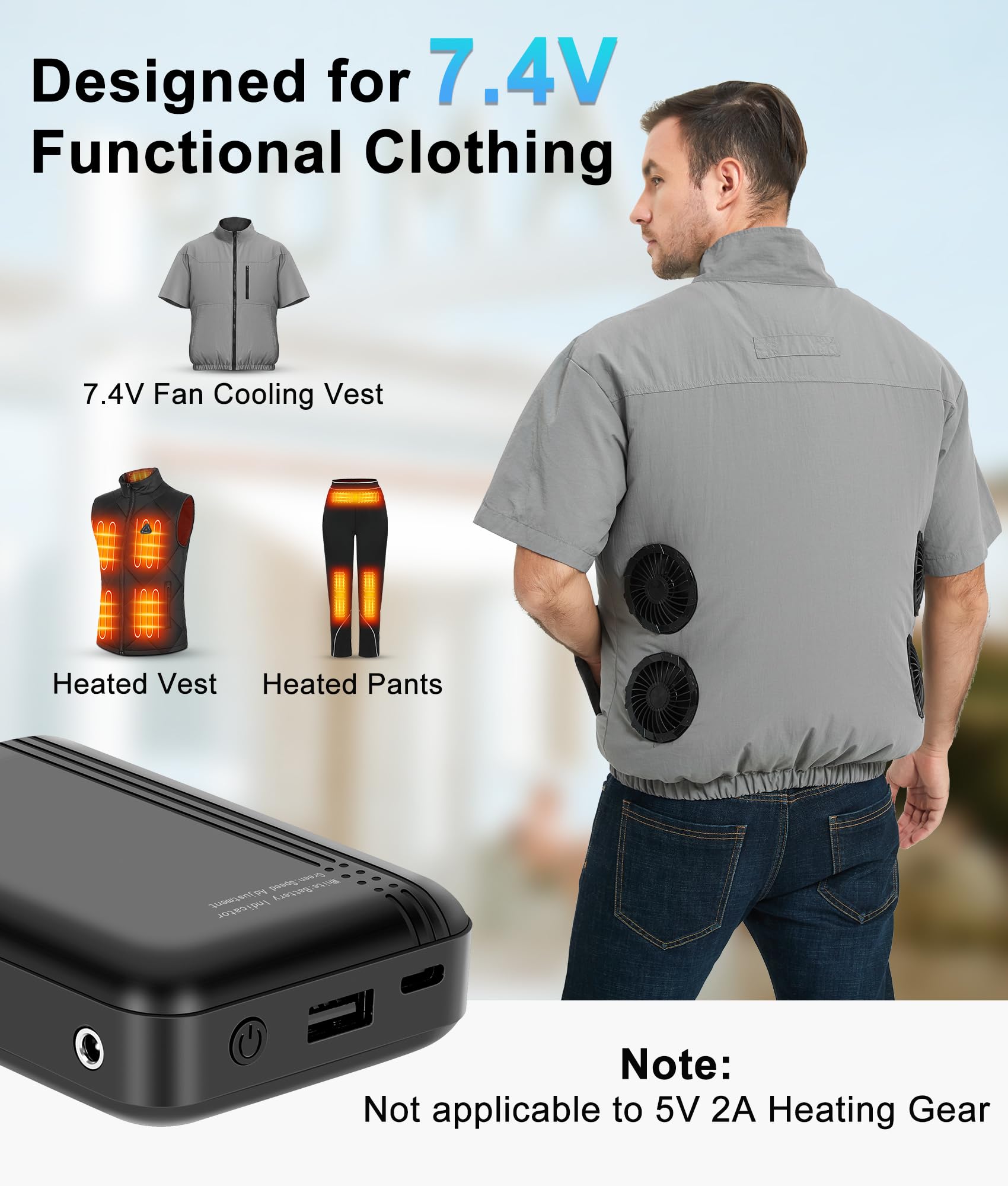 Batterie externe 10 000 mAh pour gilet thermique, batterie portable avec sortie USB 7,4 V CC et 5 V pour gilets chauffants et gilets de ventilation, 4 niveaux de vent réglables