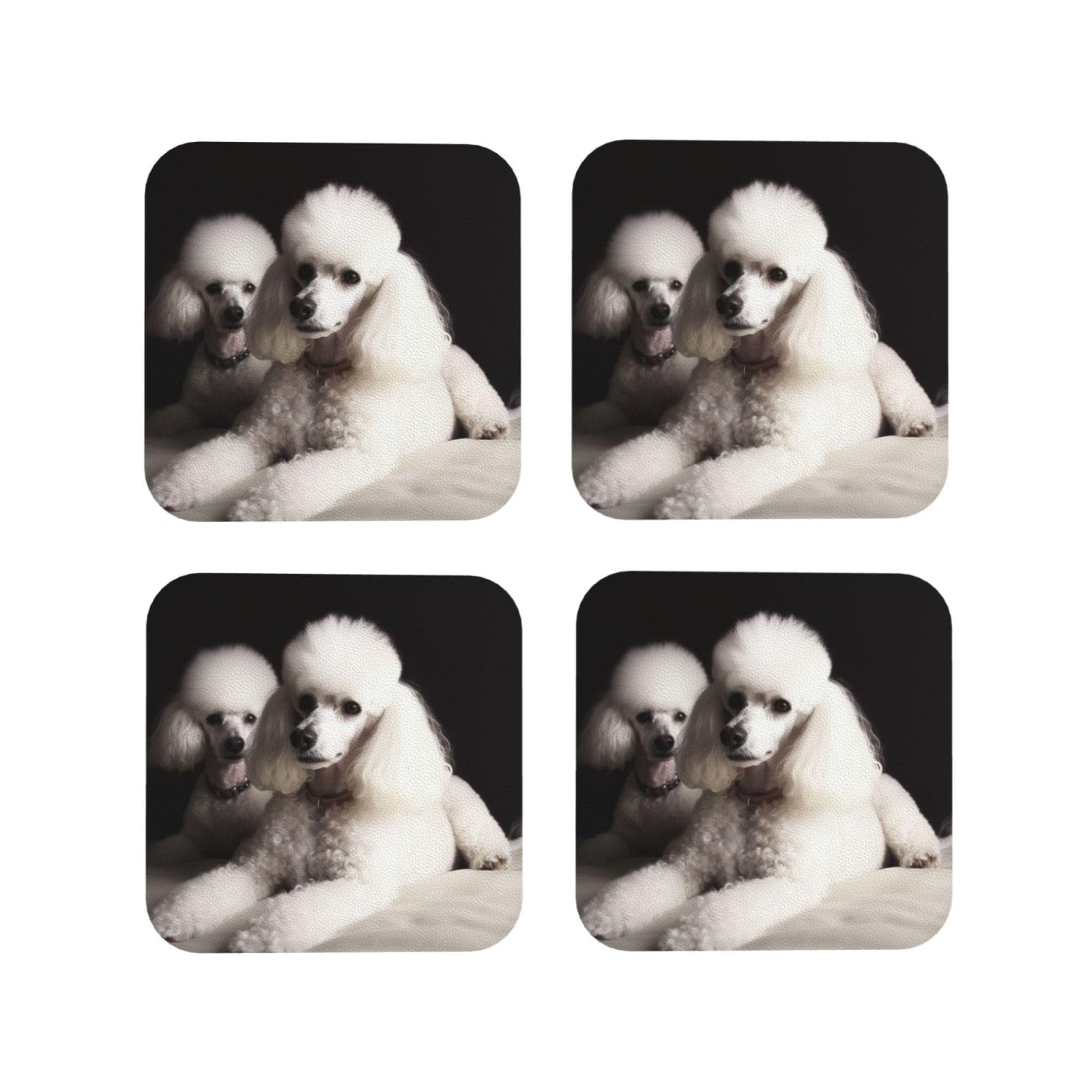 4Pcs PU Leather Coaster for Drinks, French Poodle Cup Coastersr 4" Cup Mat Pad, Aesthetic Drink Coasters for Coffee Table, Square Coaster for Tabletop Protection