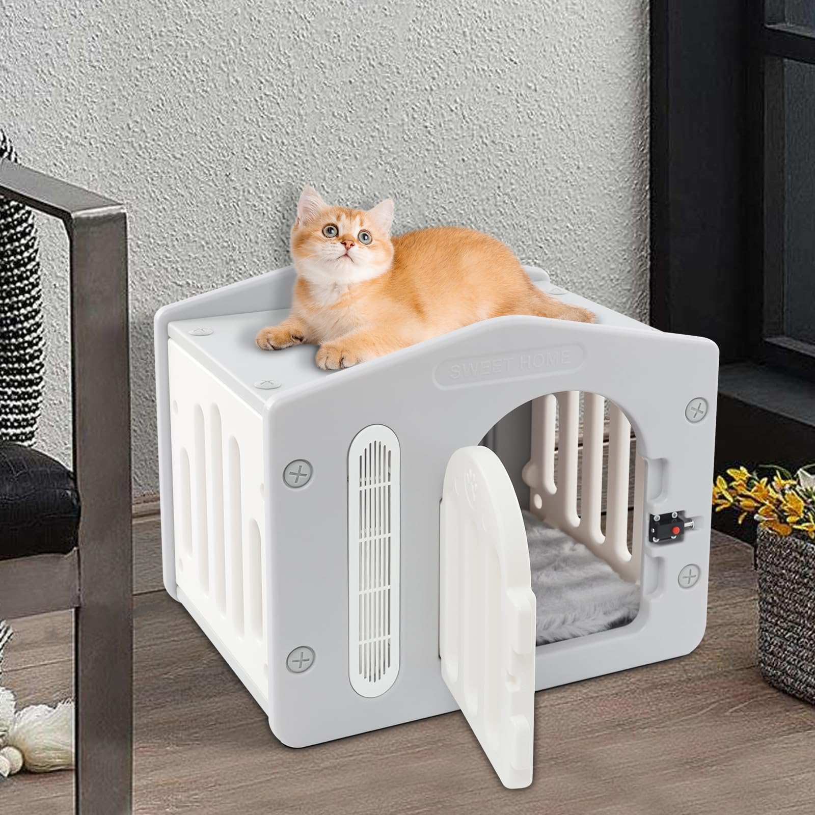 Maison pour chat d'extérieur - Robuste - Avec serrure de porte à bouton pression pour l'intérieur et l'extérieur - Niche confortable avec coussin pour chat et ventilation - 52 x 40 x 45 cm