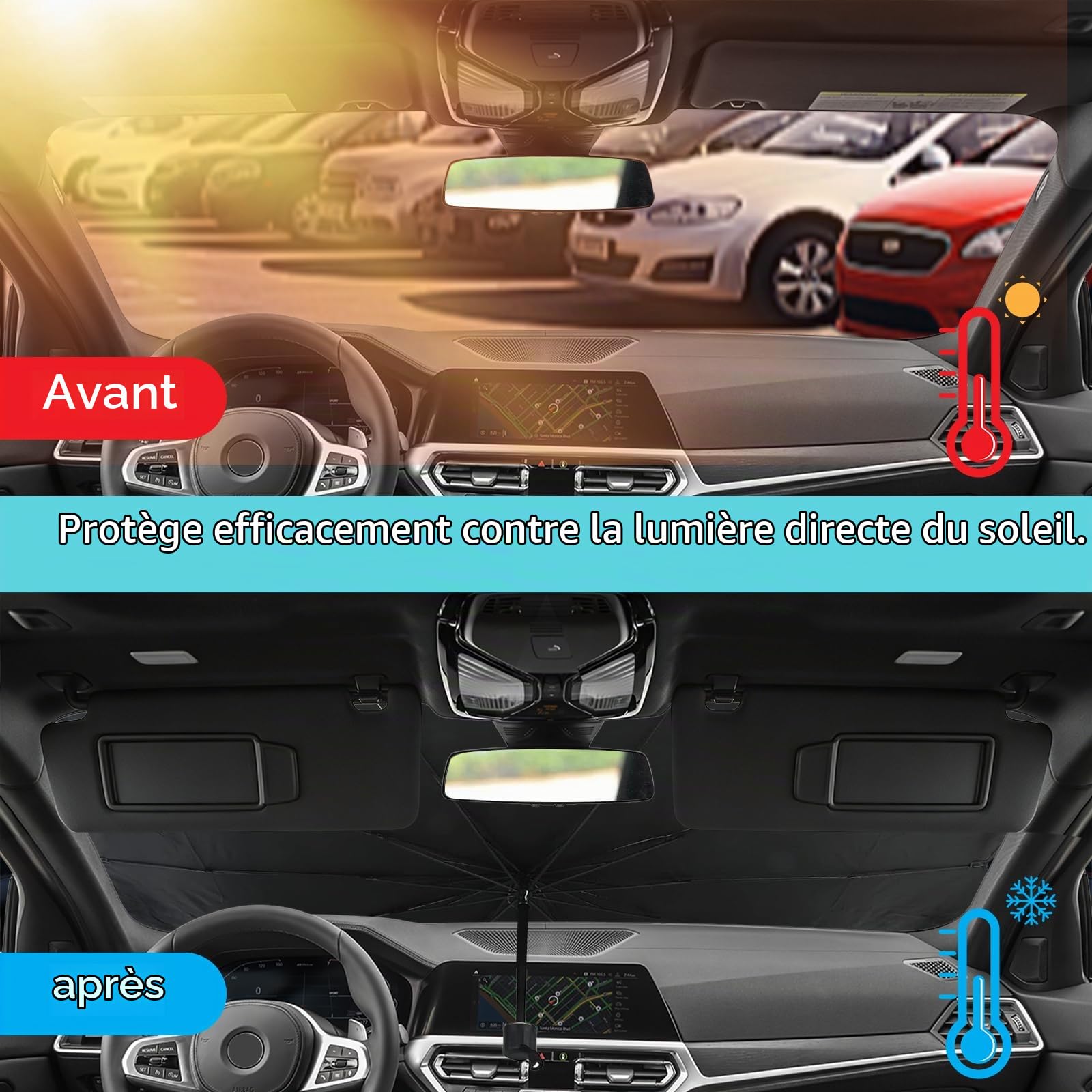 Pare Soleil Voiture Pare Brise Avant 140 x 80 cm, Pare-Soleil Parapluie pour Voiture, Parasol de Voiture Pliable, Protection UV et Isolation Thermique, pour Voiture, SUV, Fourgonnettes