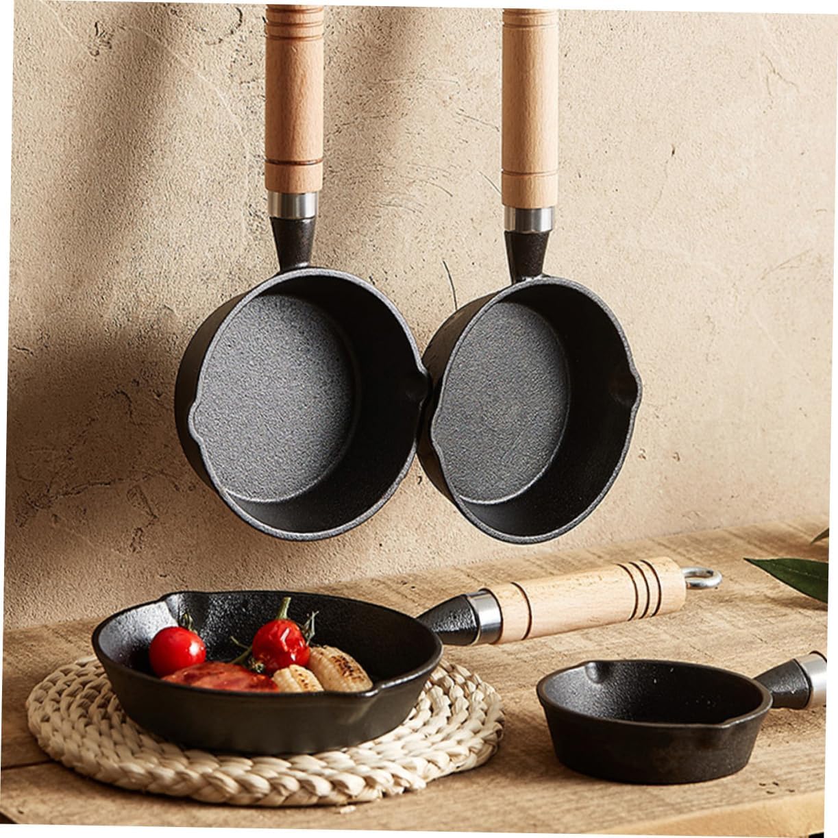 Cast Iron Small Sauce Pot with Wooden Handle for Eggs and Soups