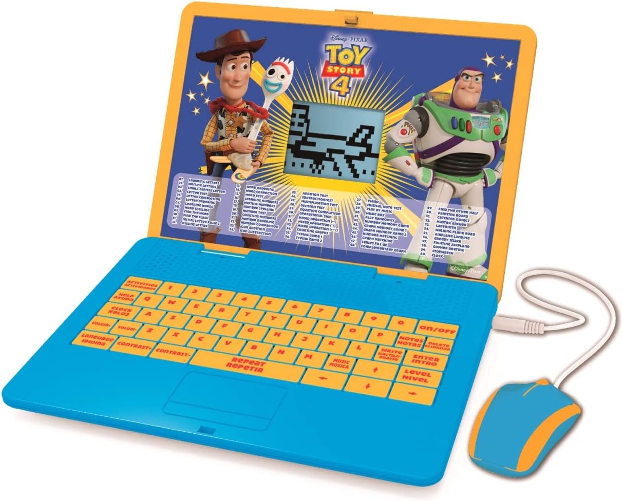 Lexibook Disney Toy Story 4 Woody Buzz Bilingual Educational Laptop, Learn and play-120 Activities to Discover Mathematics, Music, Knowledge, Logic, Games-Spanish/English, JC595TSi1, Blue/Yellow